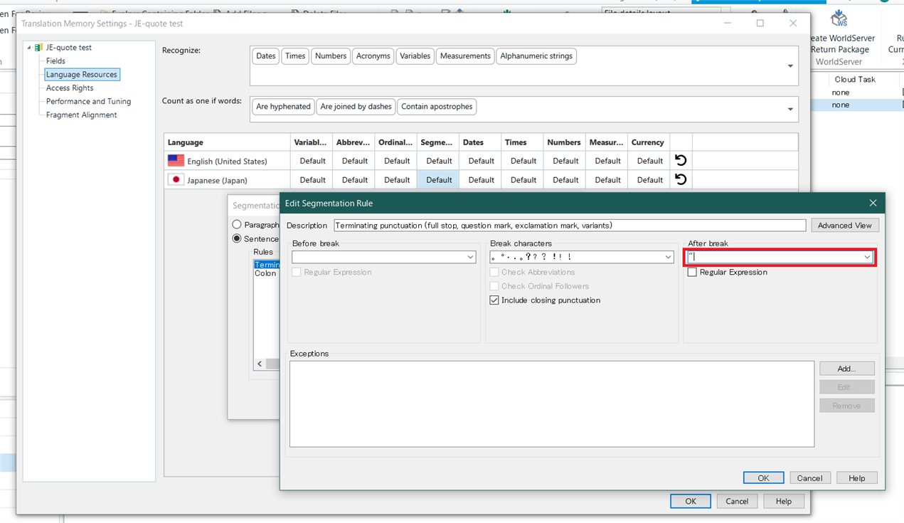 Screenshot of Trados Studio Ideas showing the Language Resources settings with the 'Terminating punctuation' rule for Japanese. A double quotation mark is added in the 'After break' field.