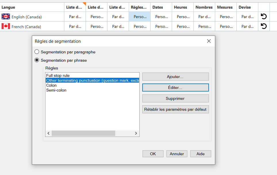 Screenshot of segmentation rules window with options for paragraph or sentence segmentation. Highlighted rule is 'Other terminating punctuation' with buttons to edit or delete.