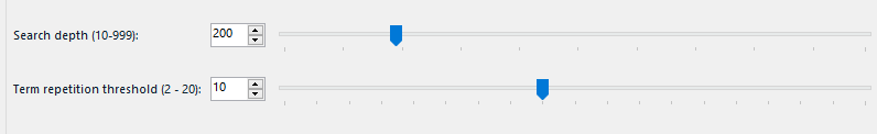 Screenshot of search settings sliders with 'Search depth' set to 200 and 'Term repetition threshold' set to 10.