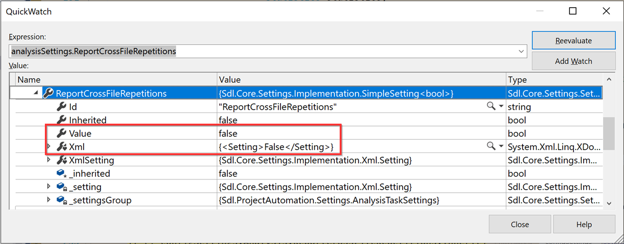 Screenshot of Trados Studio QuickWatch window showing analysisSettings.ReportCrossFileRepetitions value set to false.