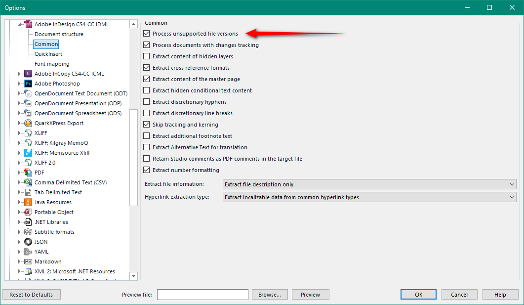 Trados Studio options menu with 'Process unsupported file versions' highlighted in red, indicating a potential issue with Adobe CC idml files compatibility.