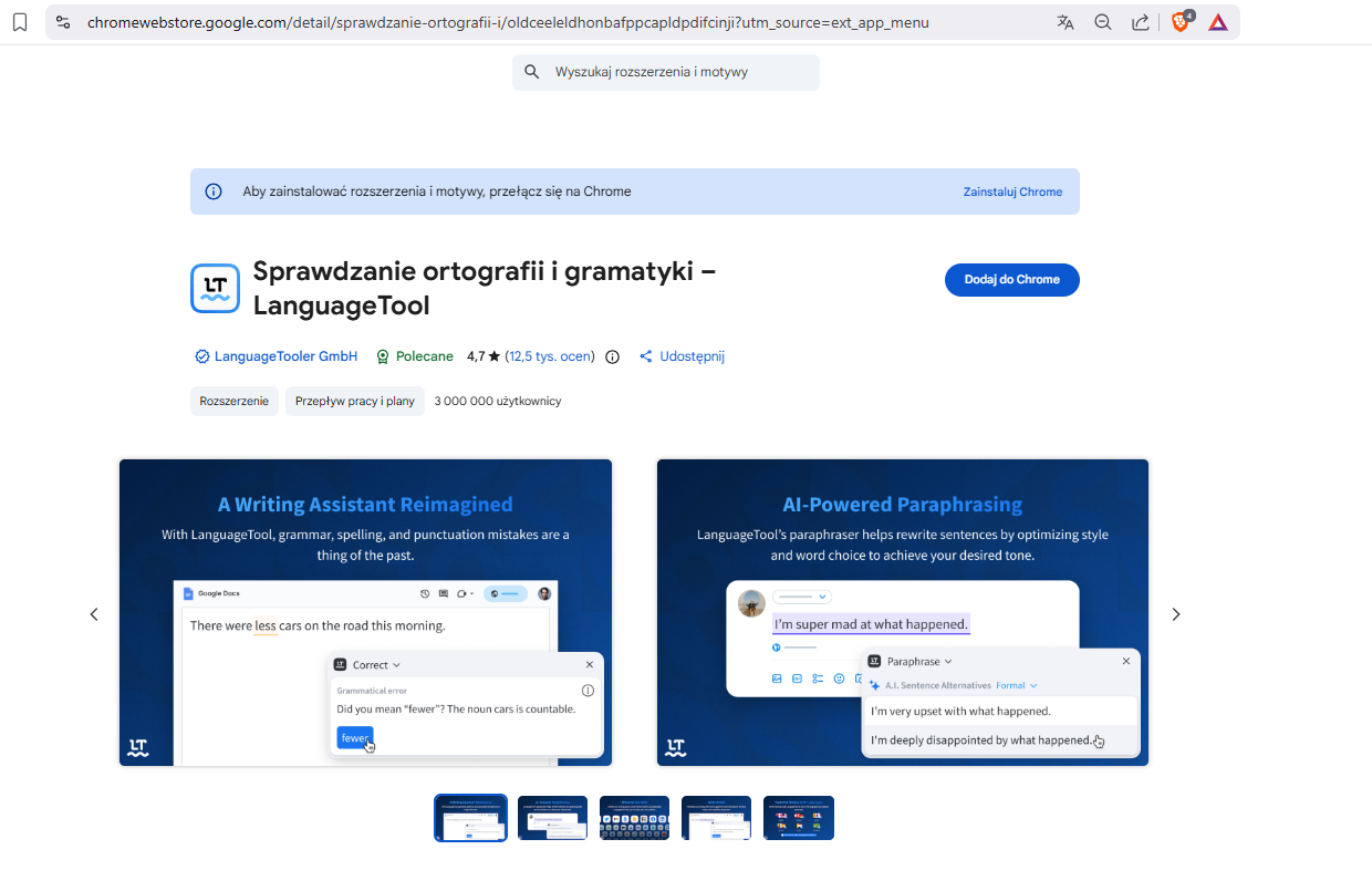 Screenshot of the LanguageTool Chrome extension page in the Chrome Web Store, showing features like grammar correction and AI-powered paraphrasing.