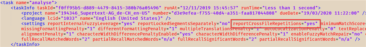 Screenshot of Trados Studio analysis file with reportCrossFileRepetitions setting highlighted, showing it is set to 'yes' despite being set to false in the code.