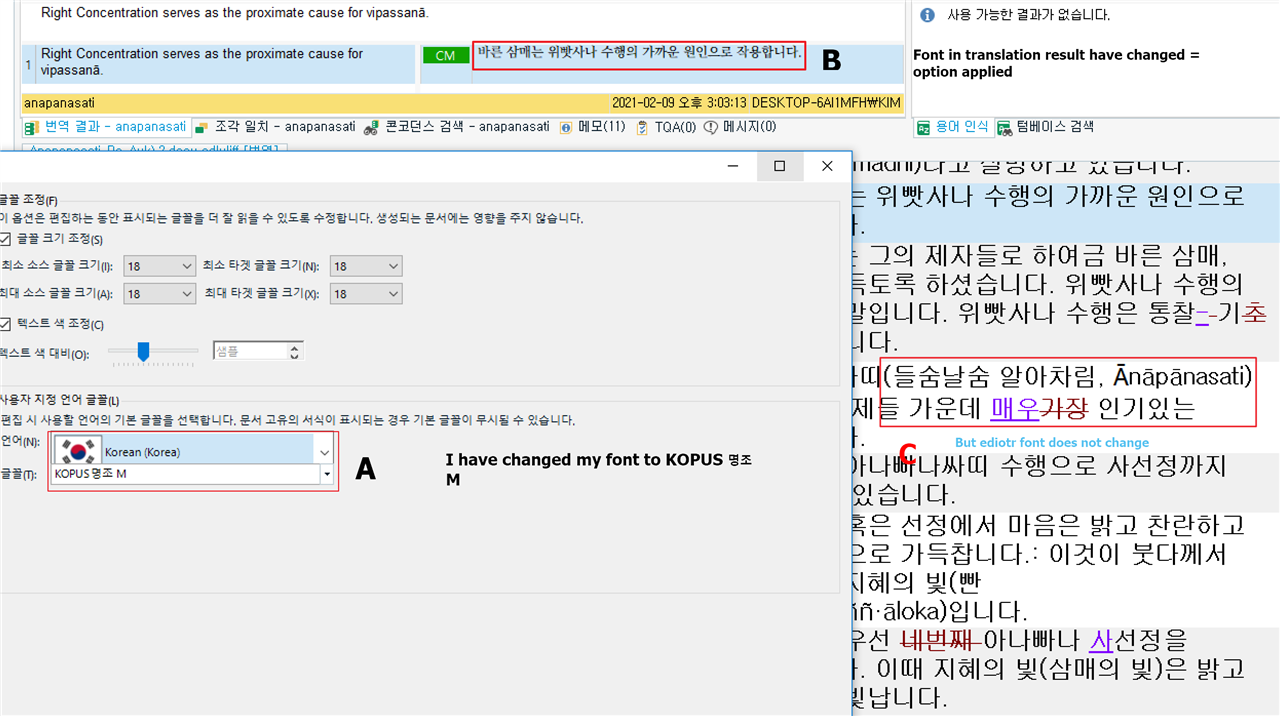 Trados Studio settings window showing 'font adaptation' option with 'Korean (Korea)' selected and 'KOPUS M' font applied.