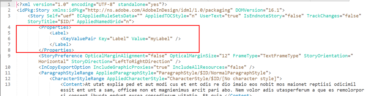 XML code snippet from Trados Studio with a red box highlighting the 'Properties' section where a 'Label' with 'Key' set to 'Label' and 'Value' set to 'myLabel' is defined.