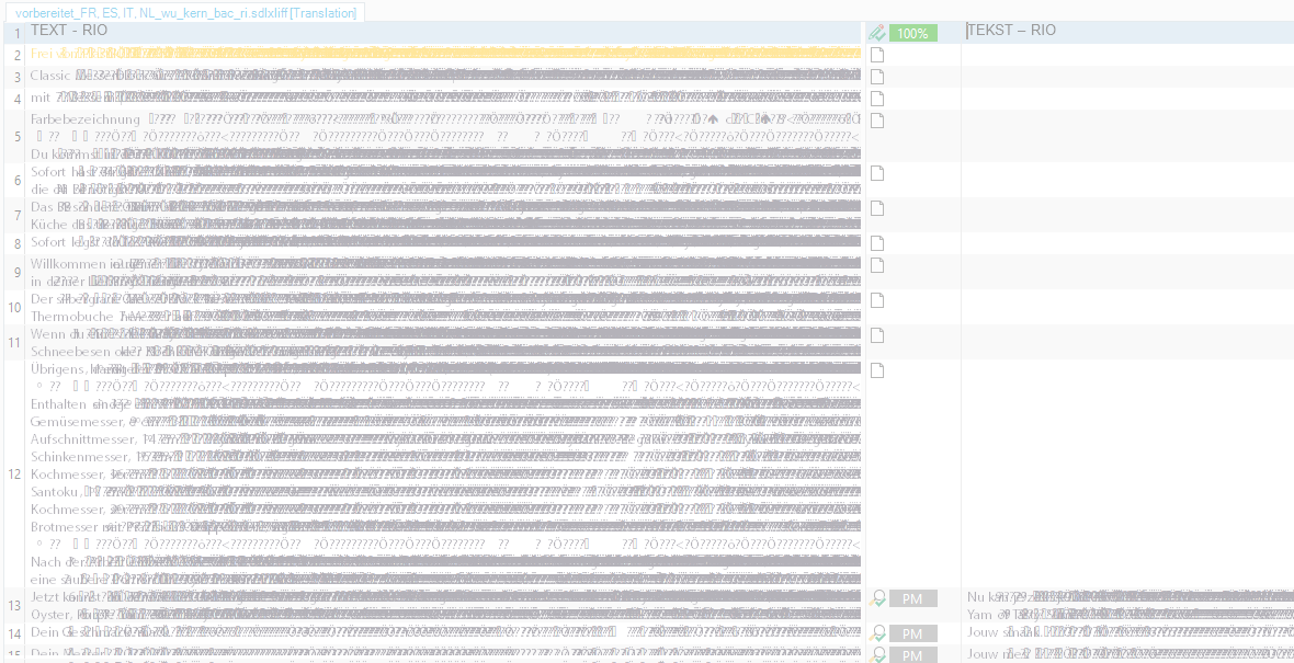 Screenshot of Trados Studio 2022 showing a German to Dutch translation file with scrambled and unreadable text, displaying many question marks.