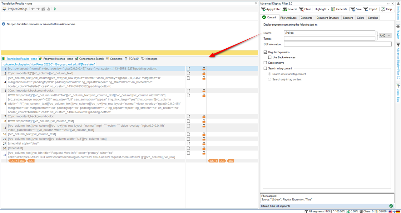 Screenshot of Trados Studio advanced display filter with a search for specific text within tags.