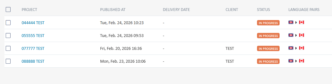 Table displaying project details with columns for Project, Published At, Delivery Date, Client, Status, and Language Pairs. Four rows are shown with 'In Progress' status.