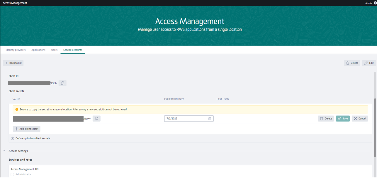Screenshot of Access Management page showing a client ID and a client secret with a warning message to save the secret as it cannot be retrieved after saving.