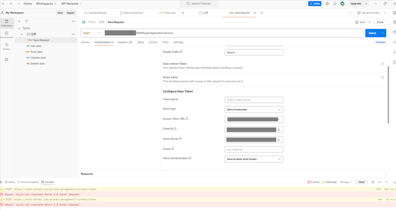 Screenshot of Postman application with an error response for a POST request to an access token URL. The error message states 'Could not complete OAuth 2.0 token request'.