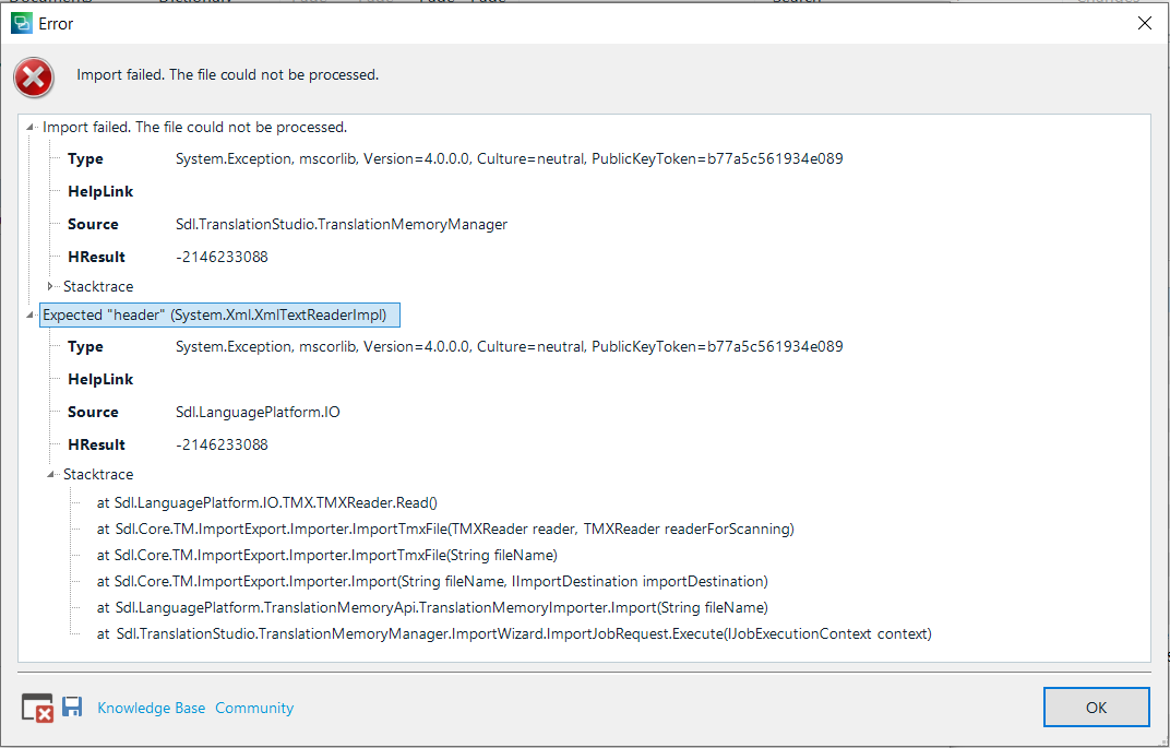 Error dialog box in Trados Studio showing 'Import failed. The file could not be processed.' with details of the system exception and stack trace related to TranslationMemoryManager and XMLTextReaderImpl.