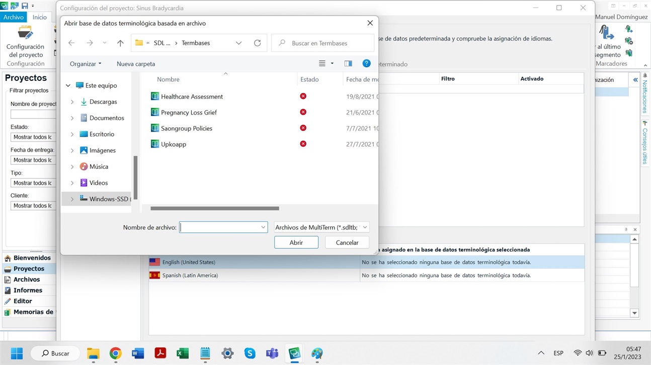 File explorer window within Trados Studio with terminological databases listed but none selected.
