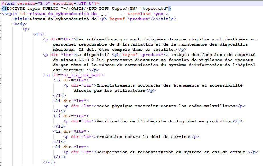 XML file example with 'translate=yes' attribute at the topic level. Includes a title and body with nested elements, such as paragraphs and lists, in French.