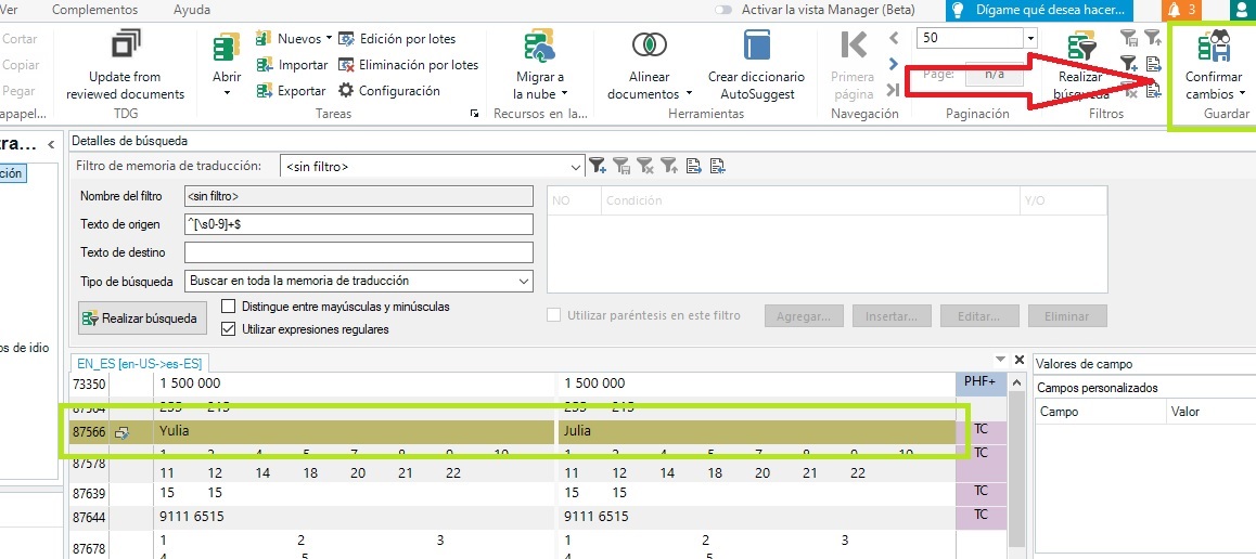 Screenshot of Trados Studio with a highlighted segment where the name 'Yulia' is selected to be replaced with more useful content.
