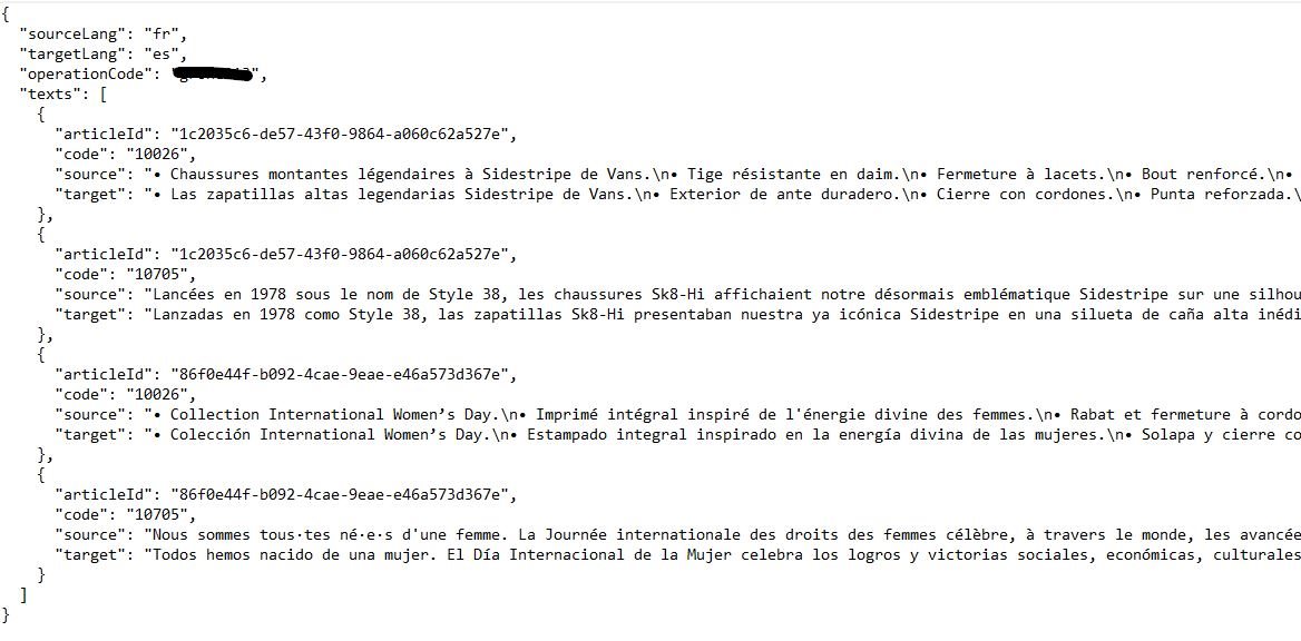 Screenshot of a .json file in Trados Studio showing source and target texts for product descriptions in French and Spanish with article IDs and operation code redacted.