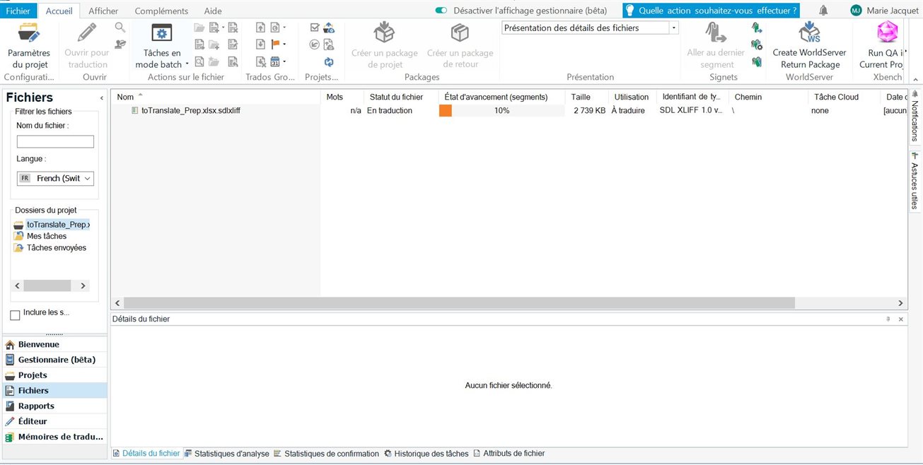 Trados Studio interface showing a project with a file named 'toTranslate_Prep.xlsx.sdlxliff' in progress, with 10% completion and no file selected in the details section.