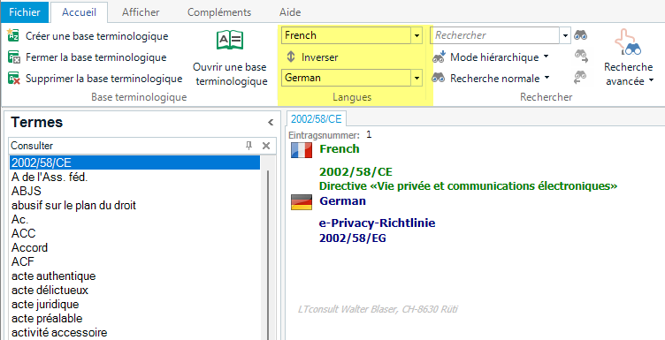 Trados Studio screenshot showing a reversed search from French to German with results for '200258CE' in French and 'e-Privacy-Richtlinie 200258EG' in German.