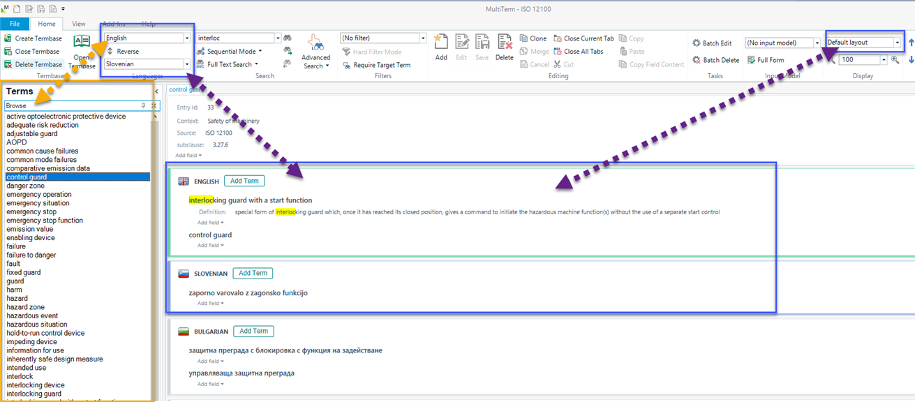 Screenshot of MultiTerm interface showing English to Slovenian termbase with Default layout selected. Terms list includes 'control guard', and term details are displayed with definitions in English and Slovenian.