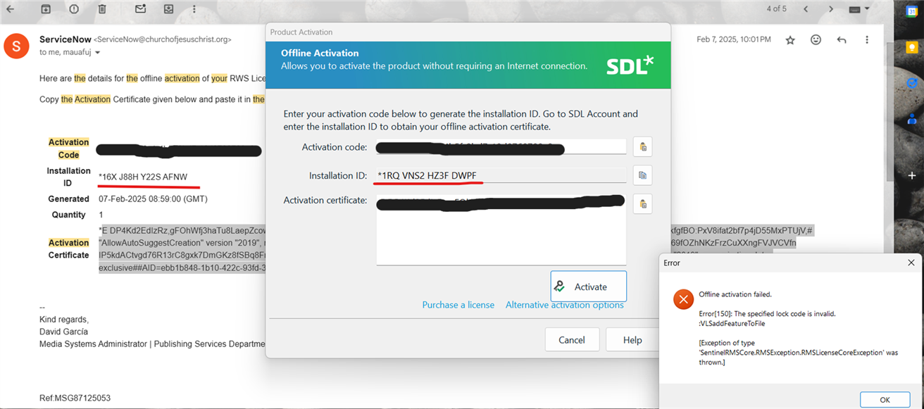 Offline Activation window with mismatched Installation IDs and an error message: 'Offline activation failed. Error150: The specified lock code is invalid. VLsAddFeatureToFile.'
