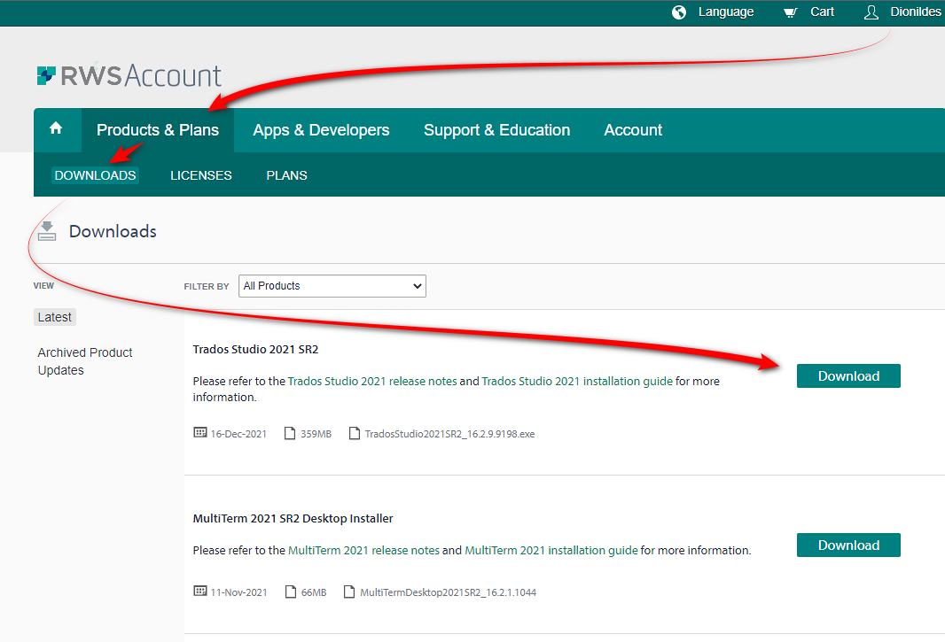 RWS Account page showing the Downloads tab selected with a list of products. Trados Studio 2021 SR2 is highlighted with a Download button available.