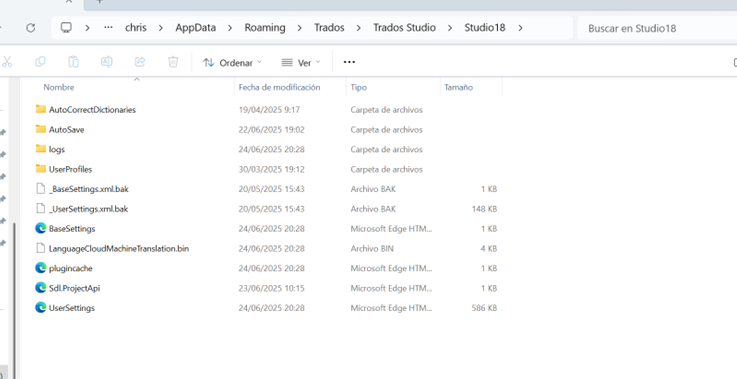File explorer window showing the contents of the Studio18 folder, including folders like AutoCorrectDictionaries, AutoSave, and logs, and files like BaseSettings.xml.bak and UserSettings.