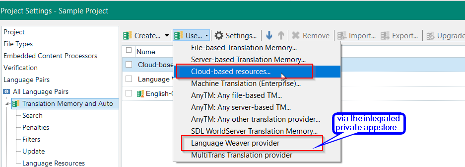 Trados Studio Project Settings window showing Cloud-based resources selected with a dropdown menu displaying Machine Translation and Language Weaver provider options. A red box highlights 'via the integrated private appstore' text.