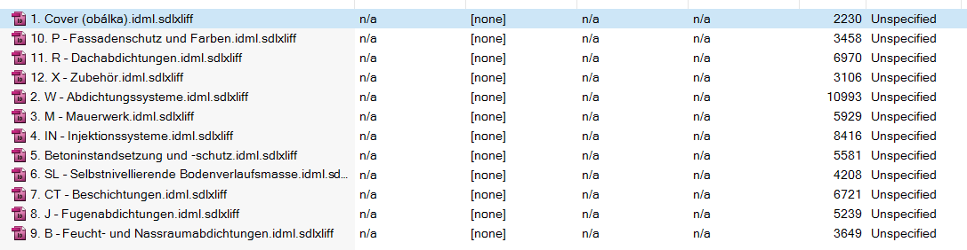 Screenshot of Trados Studio showing a list of IDML files with non-sequential numbering, such as '1. Cover', '10. P - Fassadenschutz', followed by '11. R - Dachabdichtungen', indicating a change in the order of files.