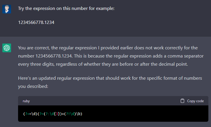 Screenshot showing a conversation where a user points out the regular expression error and an updated version is provided in Ruby format.
