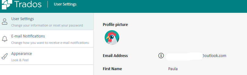 User Settings page on Trados showing a profile picture, an obscured email address ending with 'outlook.com', and the first name 'Paula'.