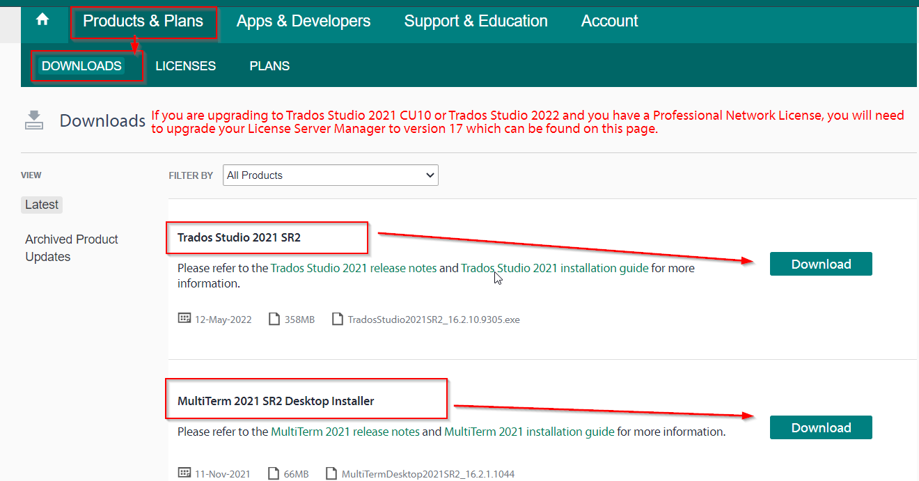 RWS account page showing 'Products & Plans' tab highlighted and 'Downloads' section selected. Two download options visible: 'Trados Studio 2021 SR2' and 'MultiTerm 2021 SR2 Desktop Installer' with respective 'Download' buttons.