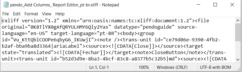 Notepad screenshot showing an xliff file with version 1.2, source language English (US), target language Portuguese (Brazil), and UTF-8 encoding with BOM.
