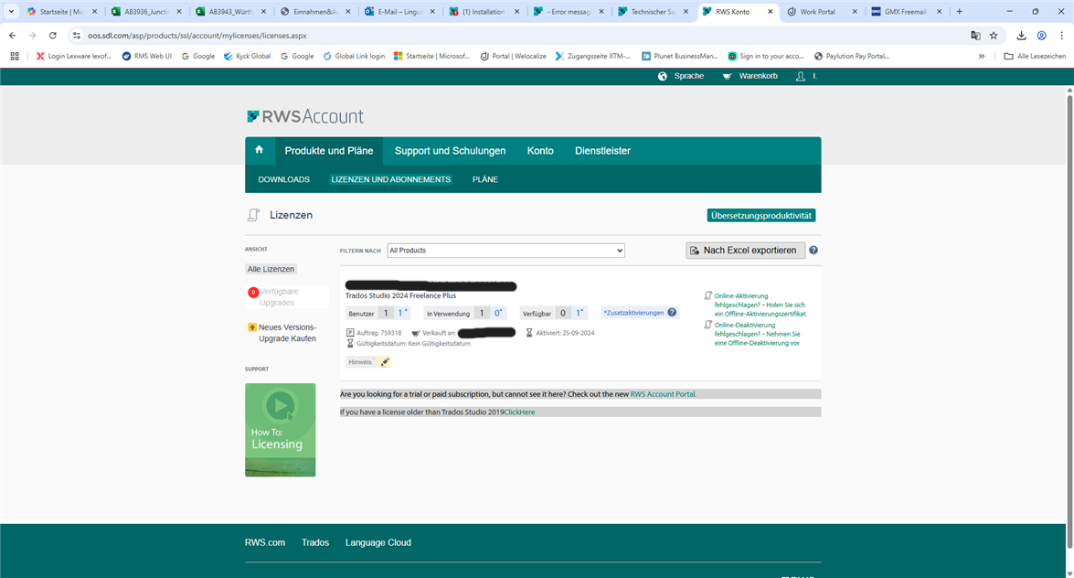 Screenshot of RWS Account page showing 'Lizenzen und Abonnements' tab with a red warning icon next to 'Verfugbare Upgrades' and a product 'Trados Studio 2024 Freelance Plus' listed with details partially obscured.