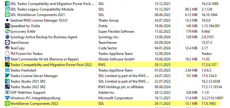 Screenshot of a list of installed software programs on a computer. Highlighted entries include 'Trados Compatibility and Migration Power Pack 2022' and 'Trados Studio 2022 SR2' among others.