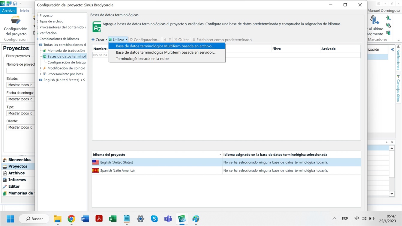Trados Studio project configuration window showing no terminological database selected in the 'Use existing TB file' option.