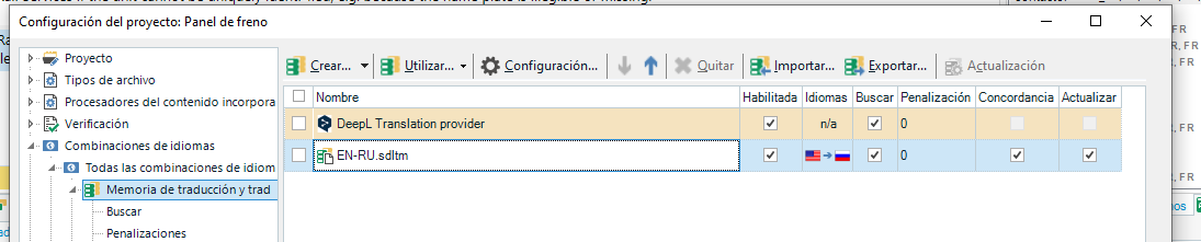 Trados Studio project settings window with 'DeepL Translation provider' enabled and 'EN-RU sdltm' translation memory disabled.