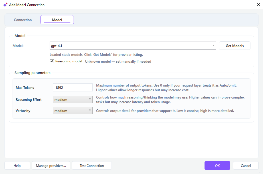 Add Model Connection window showing Model tab with fields for Model, Reasoning model checkbox, Max Tokens, Reasoning Effort, and Verbosity.