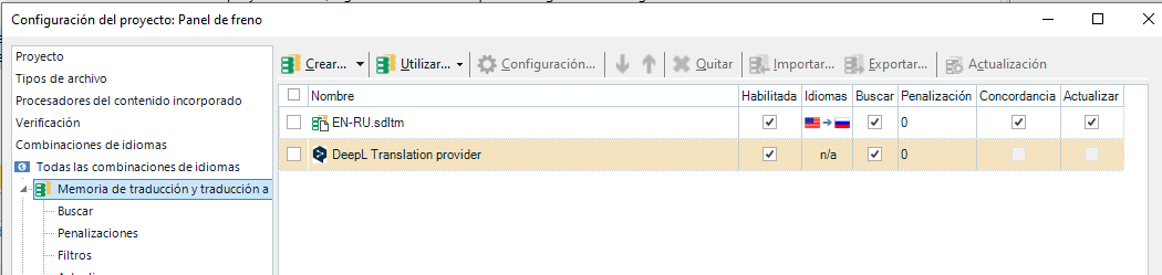 Trados Studio project settings window showing 'EN-RU sdltm' translation memory enabled and 'DeepL Translation provider' disabled.