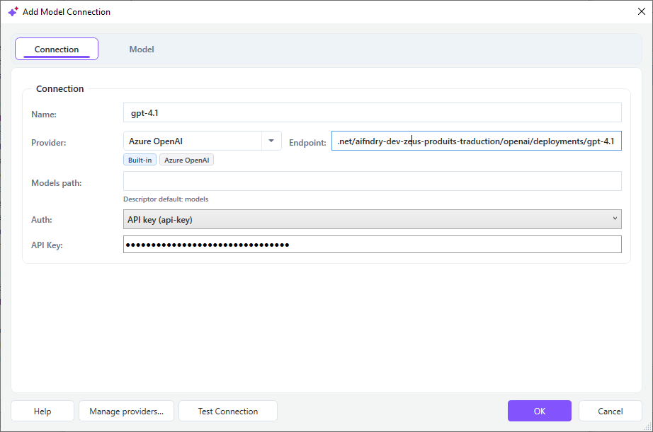 Add Model Connection window showing Connection tab with fields for Name, Provider, Endpoint, Models path, Auth, and API Key.