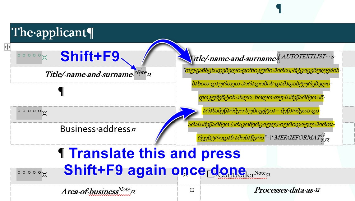 Screenshot showing a Word document with tooltips expanded using Shift+F9. Instructions for translating tooltips and pressing Shift+F9 again once done are visible.