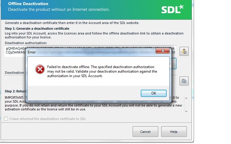 SDL Trados Studio Offline Deactivation window with an error message popup saying 'Failed to deactivate offline. The specified deactivation authorization may not be valid. Validate your deactivation authorization against the authorization in your SDL Account.'