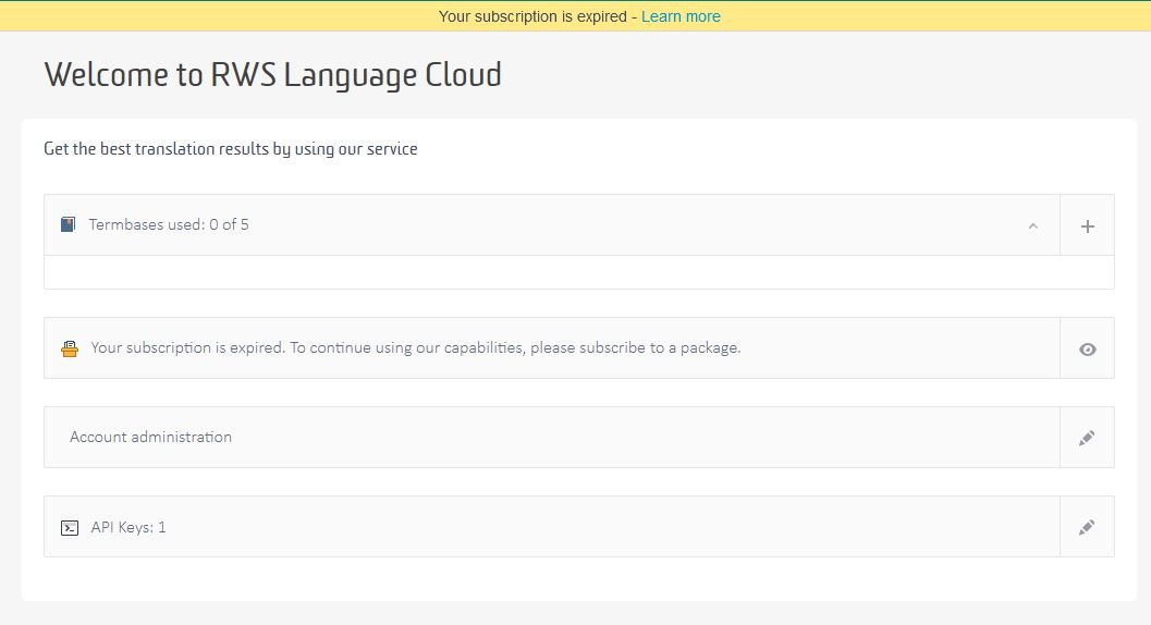 RWS Language Cloud webpage with a notification that the user's subscription is expired and an invitation to subscribe to a package, showing 0 of 5 termbases used and 1 API key.