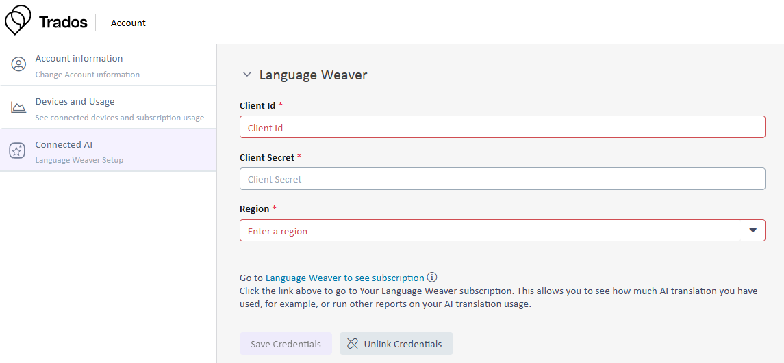 Trados account settings page showing the Language Weaver setup section with fields for Client Id, Client Secret, and Region, all marked with red asterisks indicating required fields.