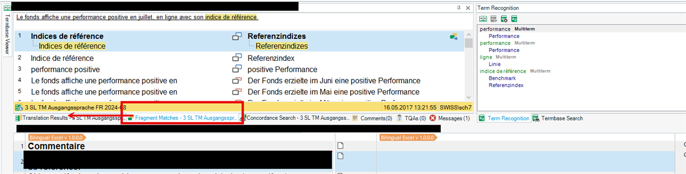 Trados Studio Editor view showing the Fragment Matches and Translation Results windows with highlighted red and yellow sections.