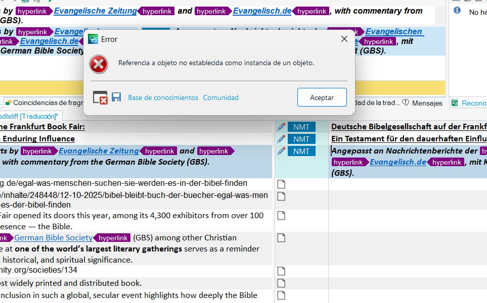Error message in Spanish stating 'Referencia a objeto no establecida como instancia de un objeto' with options 'Base de conocimientos', 'Comunidad', and 'Aceptar'.