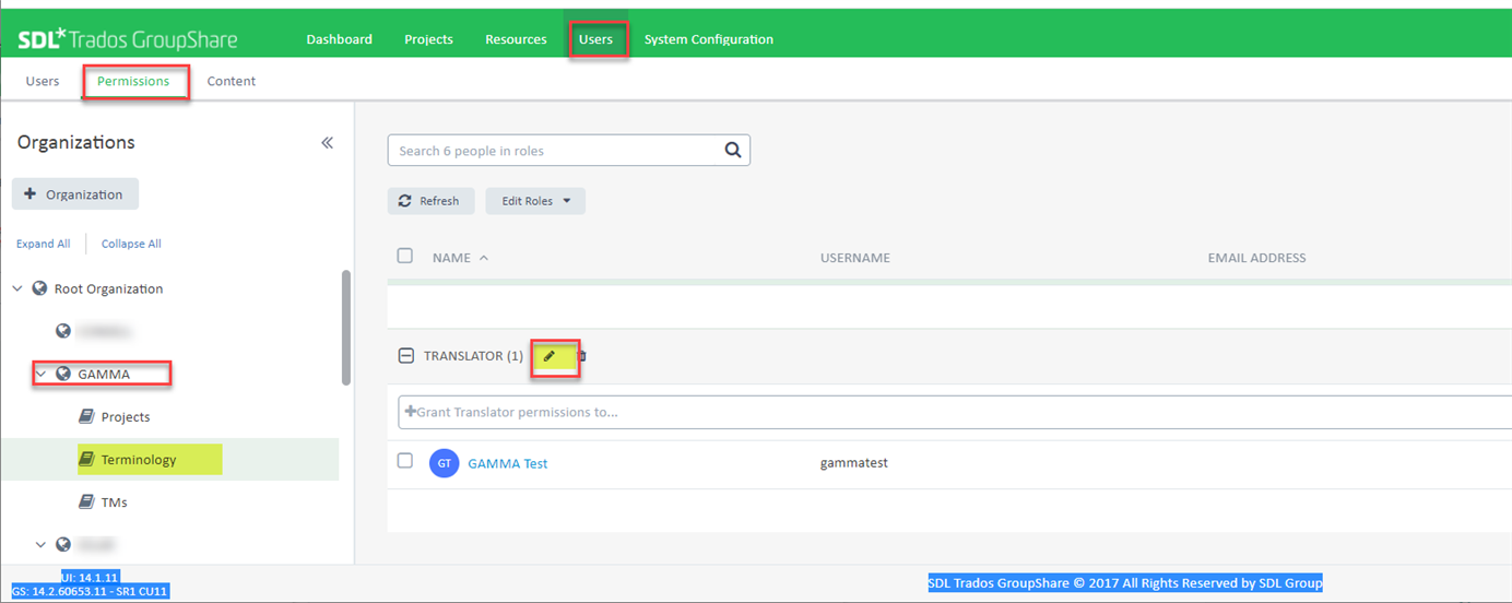 Screenshot of Trados GroupShare Permissions tab with the Gamma organization expanded to show the Terminology library highlighted in yellow, indicating the location to set user permissions.