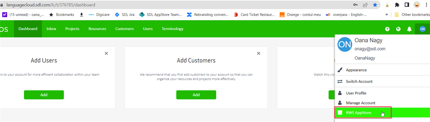 Language Cloud dashboard showing pop-up windows for 'Add Users' and 'Add Customers' with 'Add' buttons, and user menu with 'RWS AppStore' highlighted.