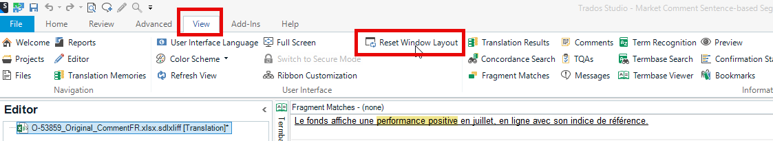 Trados Studio interface with the 'Reset Window Layout' option highlighted under the View tab.