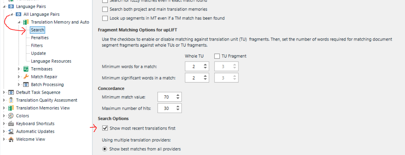 Screenshot of Trados Studio showing the Translation Memory and Auto-Search options with 'Show most recent translations first' checkbox highlighted.