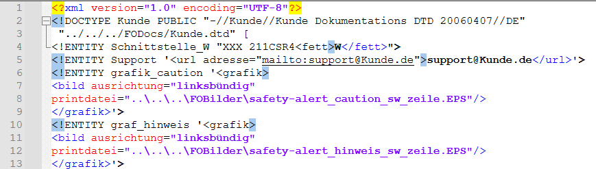 Screenshot of XML code showing a DOCTYPE declaration, ENTITY definitions, and references to graphics and email support.