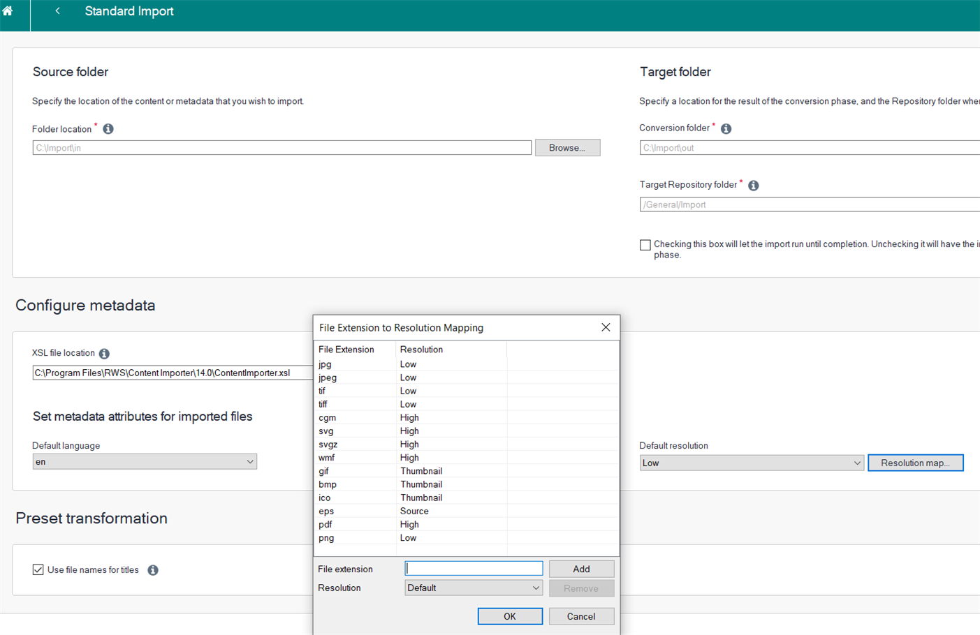 Trados Studio Standard Import screen showing source and target folder paths, with a File Extension to Resolution Mapping window overlay displaying various file types mapped to resolutions like Low, High, Thumbnail, and Source.